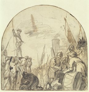 يتم رفع Brinio على درعه من قبل المحاربين (القلم والفرشاة والحبر فوق قلم رصاص على الورق) بواسطة جوفيرت فلينك