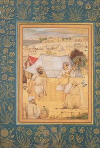 الموسيقيون والمغنون يركعون في ضواحي مخيم موغال. يوغي وخادم استمع إليهما من ألبوم مينتو ، ص 1630