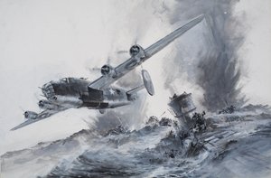 غرق السفينة لاكونيا في عام 1942 (غواش على ورق)