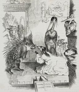 كلب ونيص ، رسم كاريكاتوري لجان جاك غراندفيل (1803-1847) ، طباعة حجرية لجيوفاني مارياني من بوليوراما بيتوريسكو ، رقم 38 ، 30 أبريل بواسطة جراندفيل