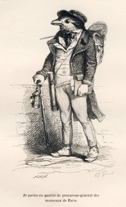 المدعي العام لعصافير باريس. الصور المصغرة موضحة بواسطة JJ Granville. نقش توقيع Caque في الجزء المعنون "Voyage d'un moineau de Paris" من تأليف جورج ساند في "مشاهد الحياة الخاصة والعامة للحيوانات". باريس ، ج. هيتزل وآخرون