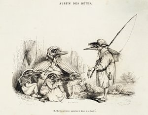 رسم كاريكاتوري للطيور من Album des betes بواسطة Jean-Ignace-Isidore Gerard ، المعروف بالاسم المستعار Jean-Jacques أو JJ Grandville (1803-1847) ، و Wilhelm von Kaulbach (1805-1874) ، باريس بواسطة جراندفيل