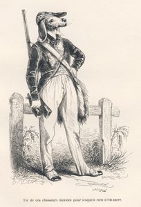 كلب في ملابس الصيد. المقالات القصيرة موضحة بواسطة JJ Granville. نقش توقيع Caque في الجزء المعنون "ذكريات غراب قديم" كتبه بي جي ستال في "مشاهد من الحياة الخاصة والعامة للحيوانات". باريس ، ج. هيتزل وبولين بواسطة جراندفيل