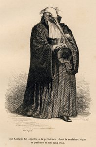 ستورك كقاضي. المقالات القصيرة موضحة بواسطة JJ Granville. نقش وقع Caque في الجزء المعنون "المحكمة الجنائية لعدالة الحيوان" من تأليف إميل دي لا بيدوليير في "مشاهد الحياة الخاصة والعامة للحيوانات". باريس ، ج. هيتزل وبولين