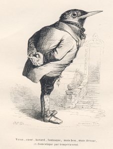 ميرل "قديم ، مكسور ، ثرثار ، غريب الأطوار ولكنه جيد ولكن مخلص وداخلي من خلال مزاجه". المقالات القصيرة موضحة بواسطة JJ Granville. نقش وقع على تميسير في قسم بعنوان "ذكريات غراب قديم" كتبه بي جي ستال في "مشاهد من الحياة" بواسطة جراندفيل