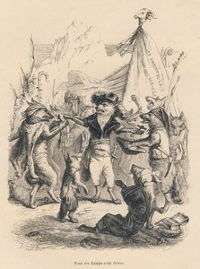 ثورة الذئاب وحرية وحق الذئب. المقالات القصيرة موضحة بواسطة JJ Granville. وقع النقش على جودار في الجزء المعنون "رحلة دوون موينيو دي باريس" الذي كتبه جورج ساند في "مشاهد الحياة الخاصة والعامة للحيوانات". باريس ، ج بواسطة جراندفيل