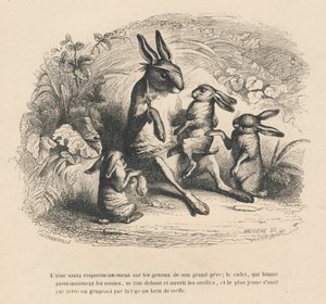 أنتم أطفال أرنب يستمعون إلى جدهم الجريح يروي القصص. المقالات القصيرة موضحة بواسطة JJ Granville. نقش وقع بريفير في الجزء "تاريخ الأرنب" الذي كتبه بي جي ستال في "مشاهد الحياة الخاصة والعامة للحيوانات". باريس بواسطة جراندفيل