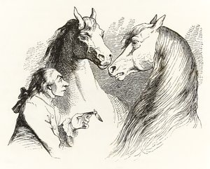 يتحدث جاليفر مع الخيول المتحدثة في Houyhnhnms Land من Gullivers Travels بواسطة جوناثان سويفت بواسطة جراندفيل