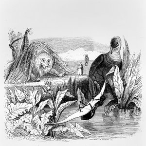 الحمامة والنمل والأسد والفئران ، رسم توضيحي لـ "خرافات" لافونتين ، نشرها H.Fournier Aine ، 1838