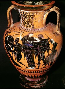 مزهرية علية الشكل الأسود تصور سينثوس وديميتر وهيرميس وقارب ، c.535-540 قبل الميلاد (الفخار)