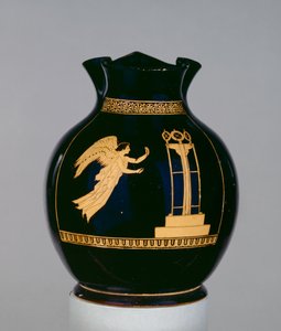 العلية oinochoe ذات العلية الحمراء المزينة بمشهد Nike المجنح الذي يطير بشريط نحو حامل ثلاثي الأرجل ، بالقرب من Calliope Painter ، من Nola ، c.430 قبل الميلاد (سيراميك) بواسطة اليونانية