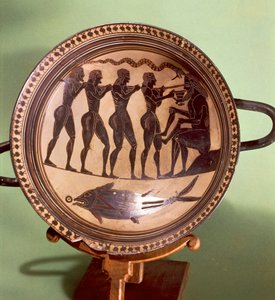 Cup showing Ulysses blinding Polyphemus, black-figure pottery, Greece, Greek Civilization, 6th Century BC بواسطة اليونانية