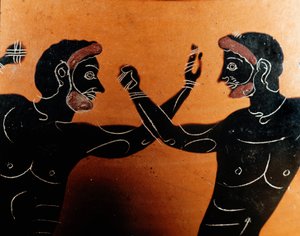 الفن اليوناني: Panathenaic Terracotta Amphora: تفاصيل تصور معركة pugilat. قبر محارب فولشي. القرن السادس قبل الميلاد. روما ، متحف ناسيونالي دي فيلا جوليا بواسطة اليونانية