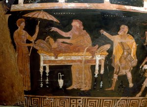 الفن اليوناني: إناء من Arhemore: جنازة Arhemore (Opheltes) لوحة لرسام داريوس. من Ruvo. القرن الرابع قبل الميلاد. Museo Archeologico Nazionale ، نابولي بواسطة اليونانية