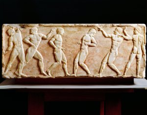 Greek Civilization, Stele depicting athletes at gymnasium, From Kerameikos necropolis in Athens, Greece, 510 BC بواسطة اليونانية