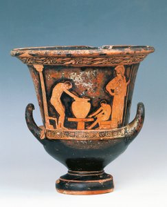 Krater showing scene of potter at work under gaze of Athena, red-figure pottery from Sicily, Italy, Magna Graecia, 5th Century BC (red pottery) بواسطة اليونانية