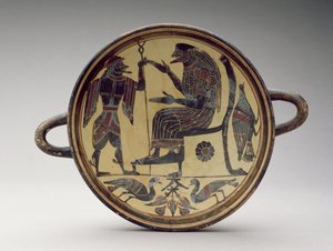كوب كيليكس لاكوني يصور زيوس وهيرميس ، c.550-530 قبل الميلاد (الطين) (انظر أيضًا 288296 و 288298) بواسطة اليونانية