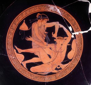قتل مينوتور من قبل Thesee - إناء يوناني محفوظ في Museo Archeologico de Firenze. الجزء الداخلي من كأس الخماسي مع الأشكال الحمراء ، رسام Dokimasia. 480 ق. (مينوتورو) بواسطة اليونانية