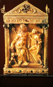 Naiskos مع Dionysus المخمور والسخان ، معبد صغير على الطراز الهلنستي مع العقيق والزمرد من ثيساليا ، القرن الثاني قبل الميلاد (ذهبي) بواسطة اليونانية