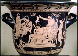 Orestes كمورد في ضريح أبولو في دلفي ، التفاصيل من كريتر علية الشكل الأحمر ، المنسوبة إلى تفاصيل فخار الرسام Apulian Eumenides من 92567 بواسطة اليونانية
