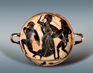 حرب طروادة: آلهة أثينا تكافح بين هيكتور وأخيل. القرن السادس قبل الميلاد. Kylix (كوب الشرب) له أشكال سوداء في السيراميك ، المتحف الأثري في كاتالونيا ، برشلونة. بواسطة اليونانية