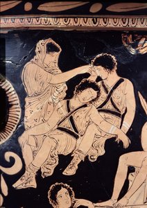 علية الشكل الأحمر كرتير الذي يصور Orestes كمورد في ضريح أبولو في دلفي ، المنسوب إلى رسام Apulian Eumenides رسام ، c.380 قبل الميلاد (الفخار) (التفاصيل) بواسطة المدرسة اليونانية