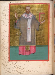 Egerton 2392 ، f.5v ، صورة مصغرة لجون كريسوستوم واقفًا يحمل كتابًا ، من Leitourgikon ، بما في ذلك خدمات الكهنوت والصلوات بواسطة المدرسة اليونانية