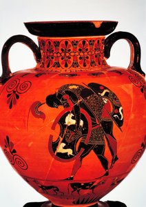 Greek civilization, 6th century b.C. Black-figure pottery. Amphora depicting Ajax carrying the body of Achilles. بواسطة المدرسة اليونانية