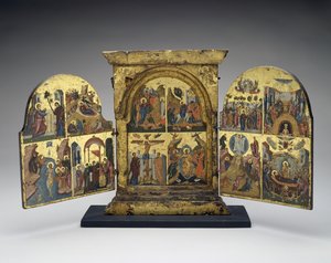 تربية لعازر. الدخول الى القدس. صلب؛ نزول المسيح إلى الجحيم (اللوحة المركزية) ، النصف الثاني من القرن السادس عشر (تمبرا بأوراق ذهبية على خشب) بواسطة المدرسة اليونانية