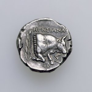 Tetradrachm من ساموس ، إيونيا ، تصور ثورًا ، c.390 قبل الميلاد (عكسي) (فضي) (للوجه المقابل انظر 168076) بواسطة المدرسة اليونانية