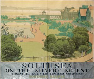 "Southsea on the Silvery Solent" ، ملصق إعلان عن السكك الحديدية الجنوبية بواسطة ف. جريجوري براون