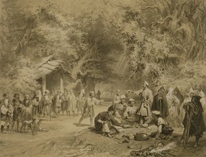 نهاية الصيد ، Mingrelia ، اللوحة 6 من كتاب عن القوقاز ، محفور بواسطة Adolphe Mouilleron (1820-1881) نشره Alfred Leon Lemercier ، باريس ، 1847