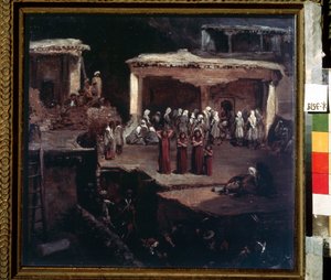 مراسم الجنازة في داغستان. عمل غريغوري غريغوريفيتش غاغارين (1810-1893) ، زيت على ورق مقوى ، فن روسي من القرن التاسع عشر.