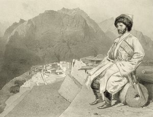 منظر غيمري وصورة حاجي مراد ، لوحة 66 من كتاب عن القوقاز ، نقشه جول جوزيف أوغسطين لورينز (1825-1901) ويوجين سيسيري (1813-1890) بواسطة أدولف مويليرون (1820-1881) ، بو
