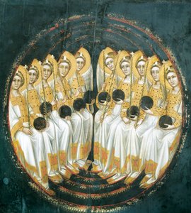 ملائكة جالسة مع الأجرام السماوية في أيديهم ، بواسطة Guariento (نشط 1338-1367 أو 1370) ، تمبرا على لوح