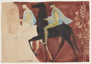 شابان على ظهور الخيل. زخرفة غرفة السحب