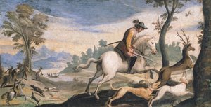 صيد الغزلان والخنزير البري ، بواسطة جيوفاني فرانشيسكو باربيري ، المعروف باسم جويرسينو (1591-1666) ، في الهواء الطلق ، 53x101 سم بواسطة جويرسينو