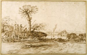 A river in flood, and peasants with axes and other tools (pen & ink over chalk on paper) بواسطة جويرسينو