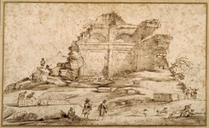 Landscape with classical ruins and a youth attacked by dogs (pen & ink on paper) بواسطة جويرسينو