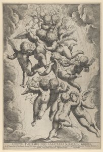 مجموعة من الملائكة تعانق في رحلة ، محاطة بالغيوم ، كاليفورنيا. 1607. ، كاليفورنيا. 1607. بواسطة جويدو ريني