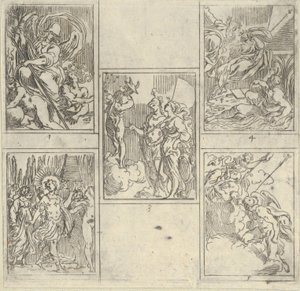 خمسة مشاهد مرقمة ، كل بعد رسام في Accademia Degl'Incamminati ، من IL FUNE ... ، 1603. بواسطة جويدو ريني