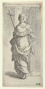 فتاة تحمل صليبًا وتتقدم نحو عمود ، تُرى من الخلف ، كاليفورنيا. 1590-1600. بواسطة جويدو ريني