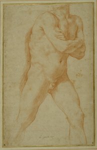Nude man striding forward, with arms folded and looking over this right shoulder (red chalk on cream paper) بواسطة جويدو ريني