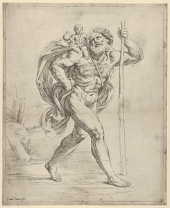 القديس كريستوفر يمشي مع المسيح الرضيع على كتفه الأيمن ، كاليفورنيا. 1600-1640. بواسطة جويدو ريني