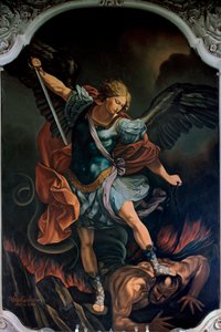 رئيس الملائكة ميخائيل يهدأ لوحة التنين بواسطة V. M. De Girolamo (القرن العشرين) بعد Guido Reni. 1957 بواسطة جويدو ريني