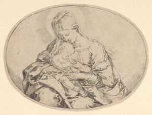 العذراء تحمل المسيح الرضيع ، تكوين بيضاوي ، كاليفورنيا. 1600-1640. بواسطة جويدو ريني