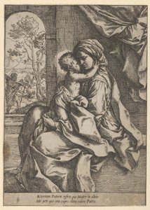 جلست العذراء مع المسيح الطفل في حضنها تعانقها ، ورأى يوسف في كل مكان. 1600-1613. بواسطة جويدو ريني