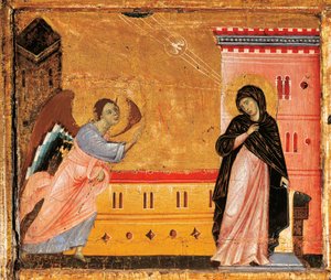 البشارة ، تفاصيل من Antependium للقديس بطرس متوجًا بجويدو دا سيينا (حوالي 1250-1300) ، تمبرا وذهب على خشب بواسطة جويدو دا سيينا