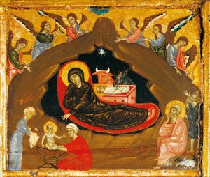 الميلاد ، تفاصيل من Antependium of St Peter متوجًا من Guido da Siena (حوالي 1250-1300) ، تمبرا وذهب على خشب بواسطة جويدو دا سيينا