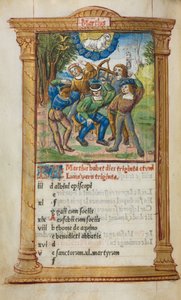 كتاب مطبوع لساعات استخدام روما: fol. 4v ، رسم توضيحي لتقويم مارس ، 1510. بواسطة غيوم لو روج